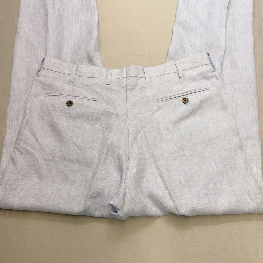 Charleston Khakis Mens Light Blue 100% Linen Herringbone Dress Pants 37R 32L